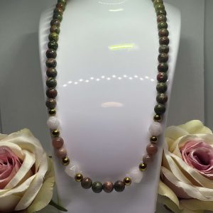 Unakit és rózsakvarc nyaklánc