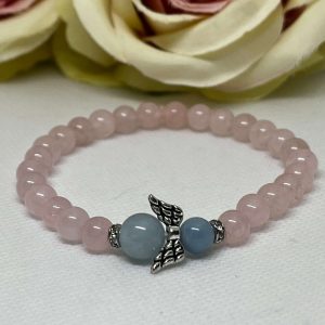 Rózsakvarc karkötő akvamarin angyallal